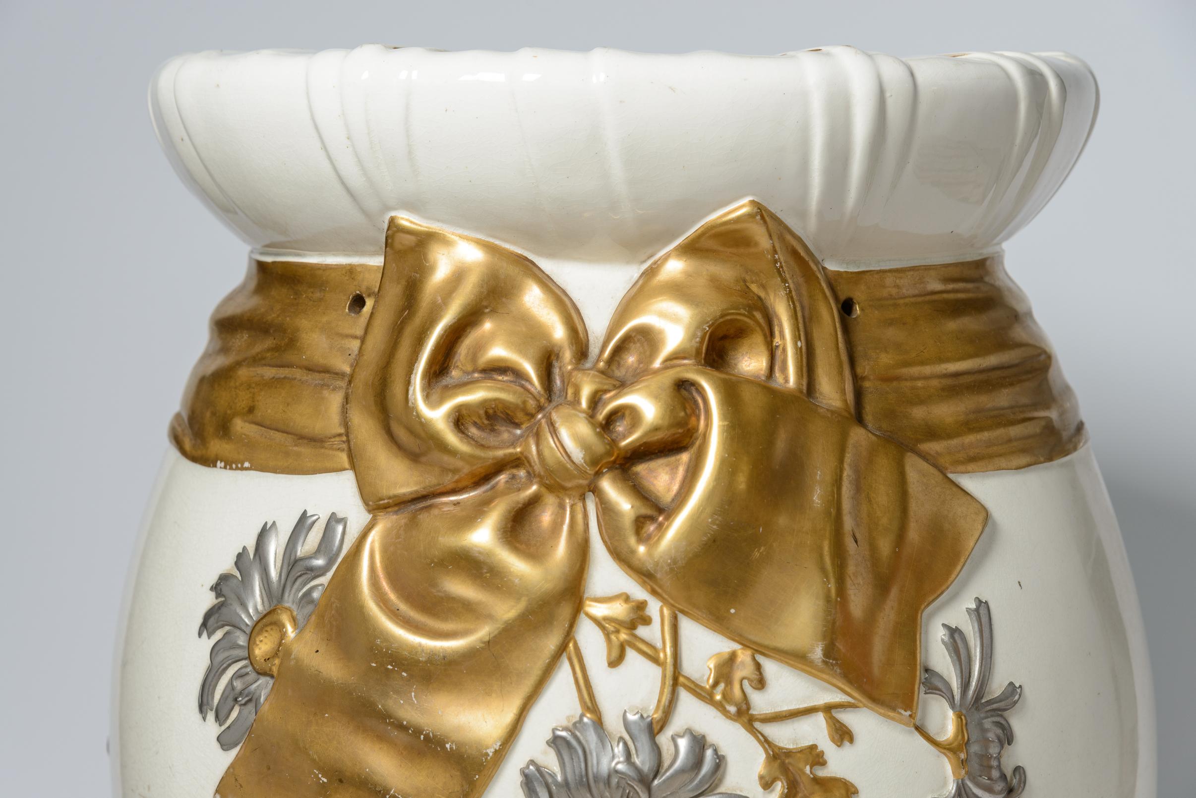 Late 19th Century English Minton Majolica Garden Seats With Bow, A-Pair