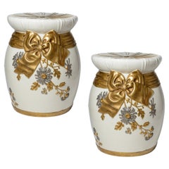 English Minton Majolica Garden Seats With Bow, A-Pair
