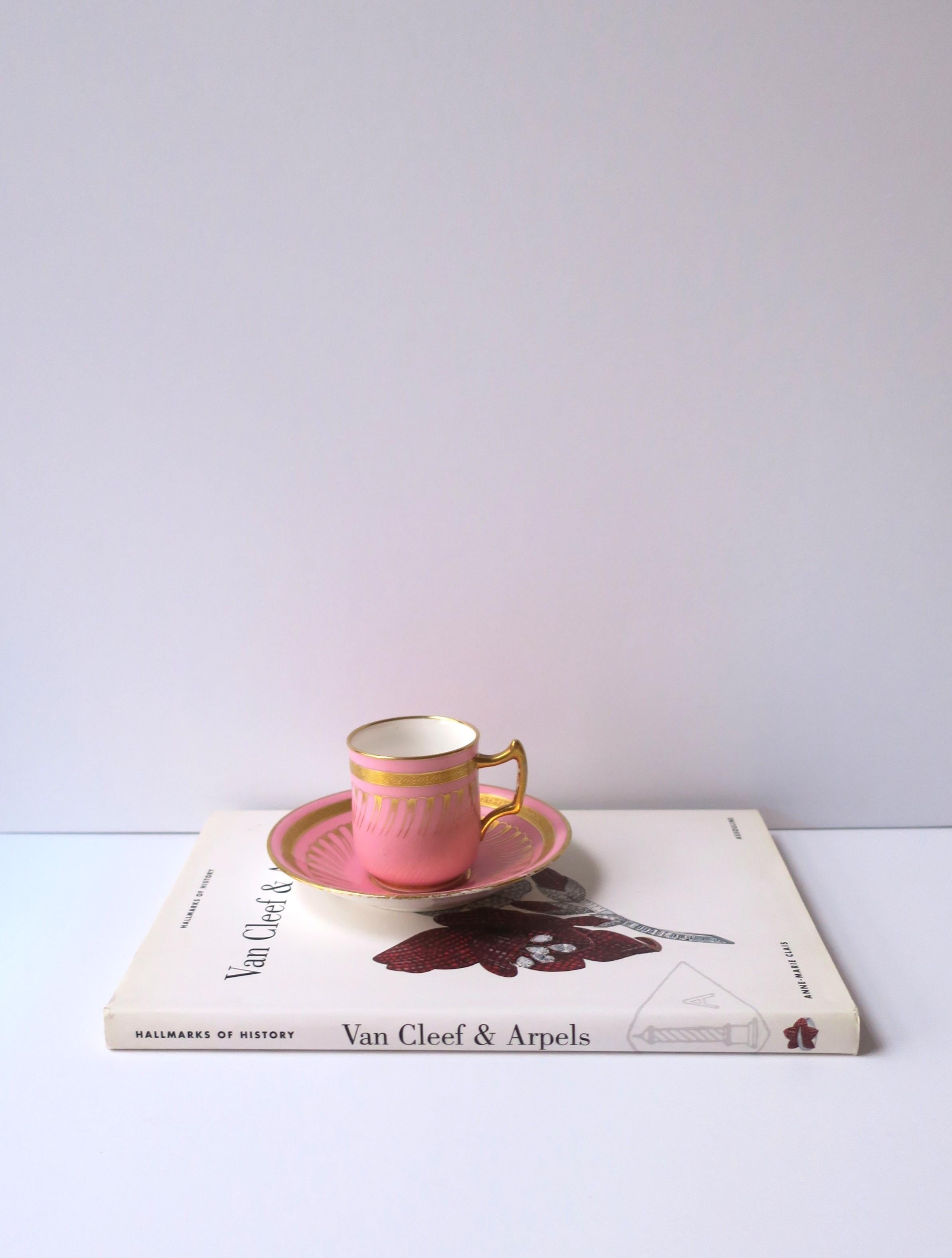 Glazed English Minton Pink & Gold Porcelain Coffee Espresso Cup & Saucer, 19th century For Sale