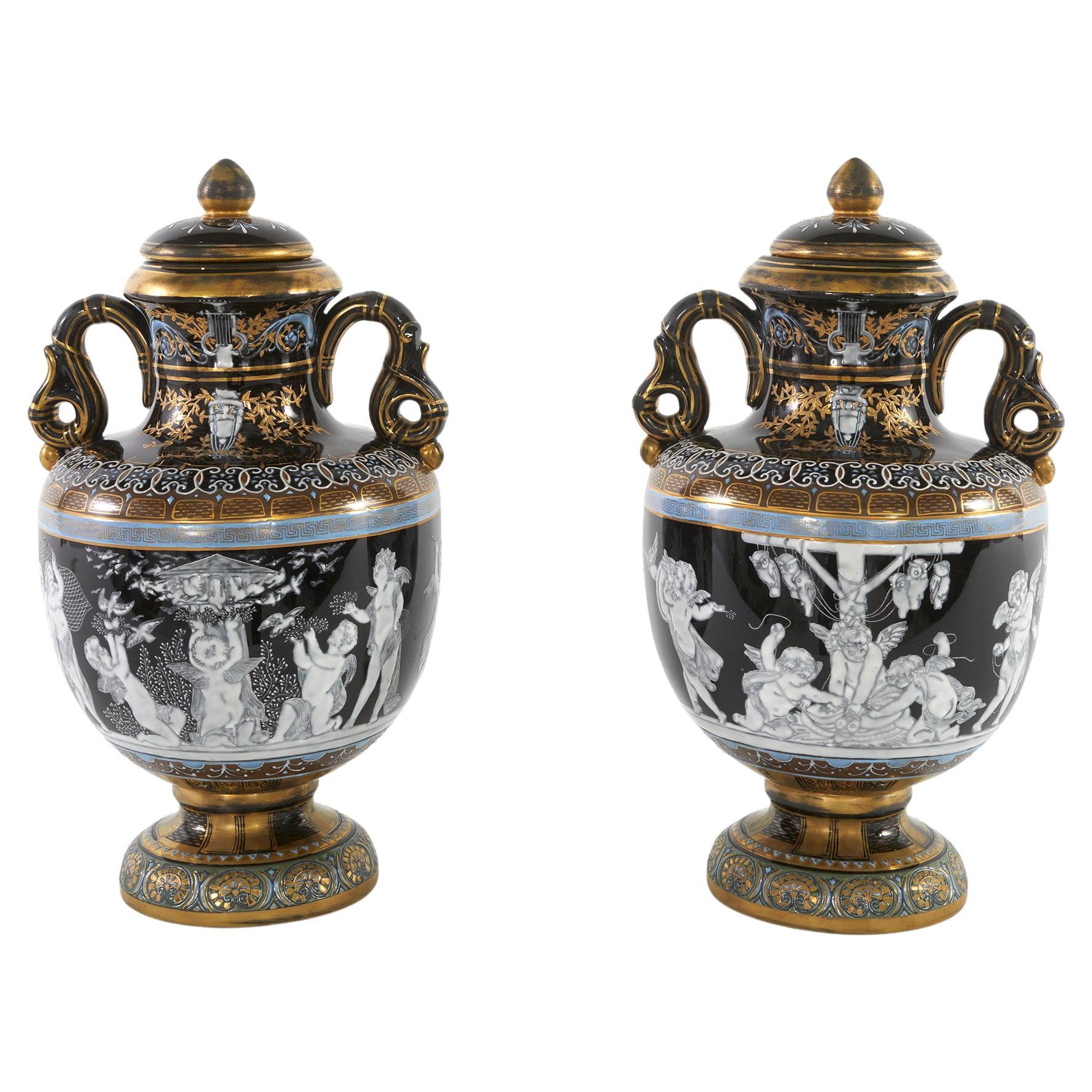 English Minton Porcelain Covered Urns For Sale