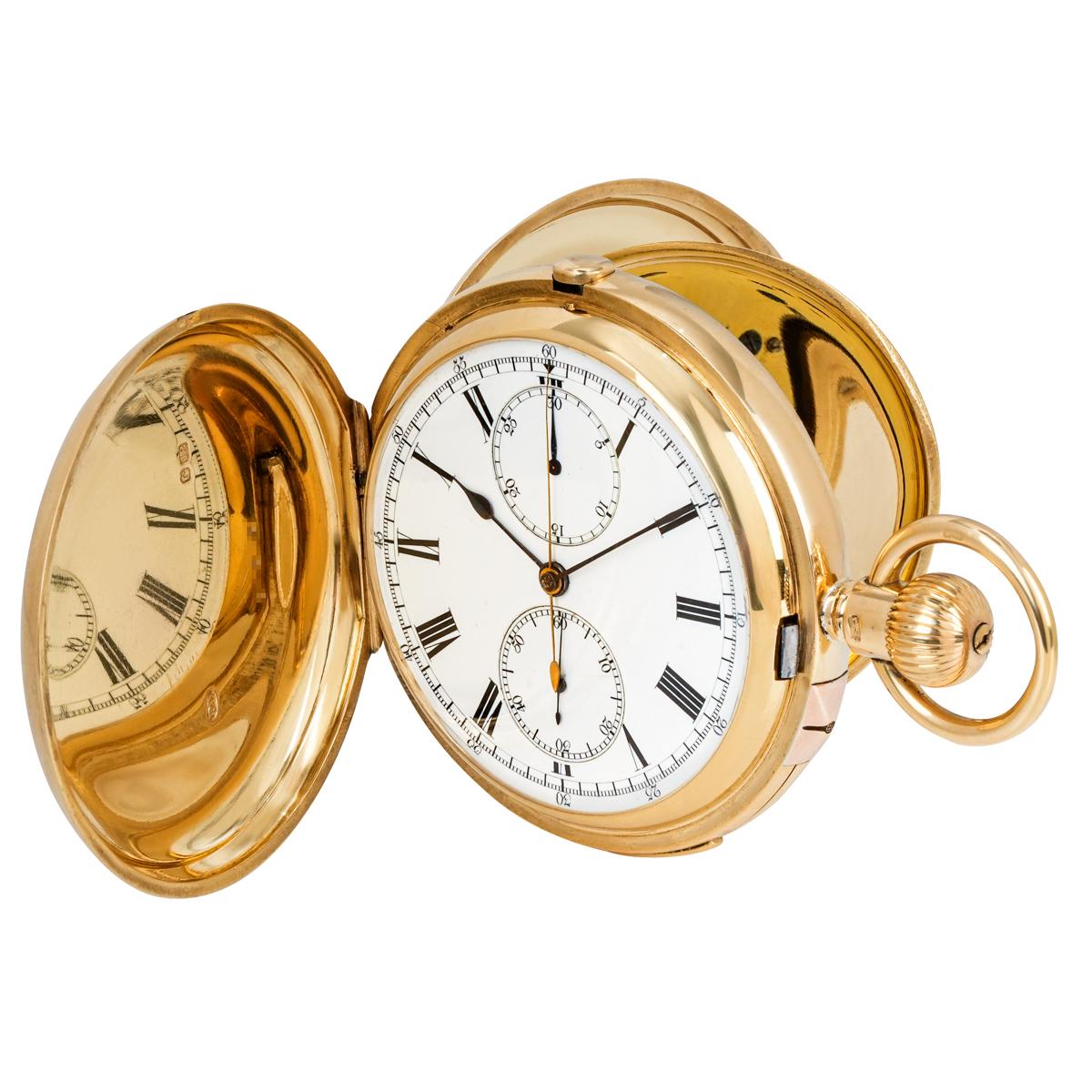 A heavy English minute repeater chronograph 18ct yellow gold keyless lever full hunter pocket watch, C1898.

Dial: The white enamel with Roman numerals, outer minute track with Arabic numerals. The subsidiary seconds dial is located at six o'clock