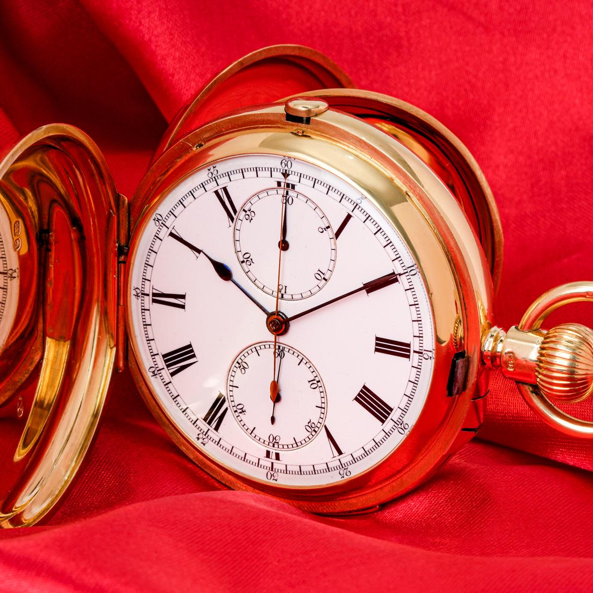 Montre de poche anglaise Minute Repeater Chronographe à levier sans clé en or jaune 18 carats en vente 2