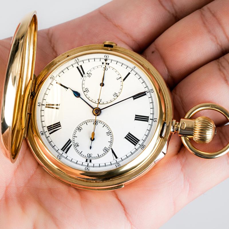 Montre de poche anglaise Minute Repeater Chronographe à levier sans clé en or jaune 18 carats en vente 4