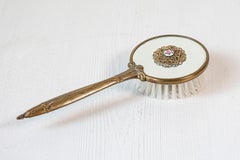 English Mirrored Hair Brush with Brass Finish, Filigree Décor and Medallion