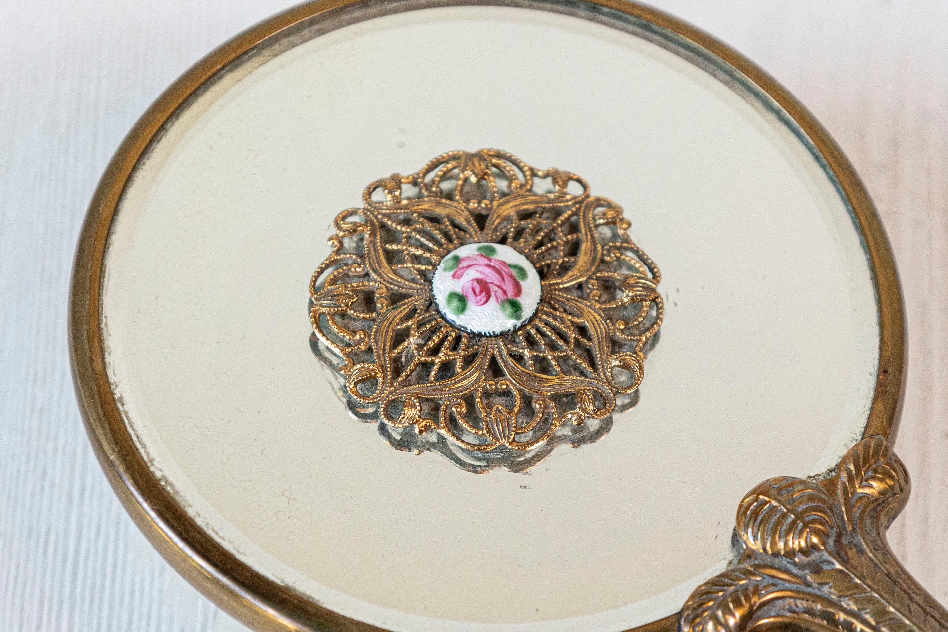 English Mirrored Hair Brush with Brass Finish, Filigree Décor and Medallion For Sale 1
