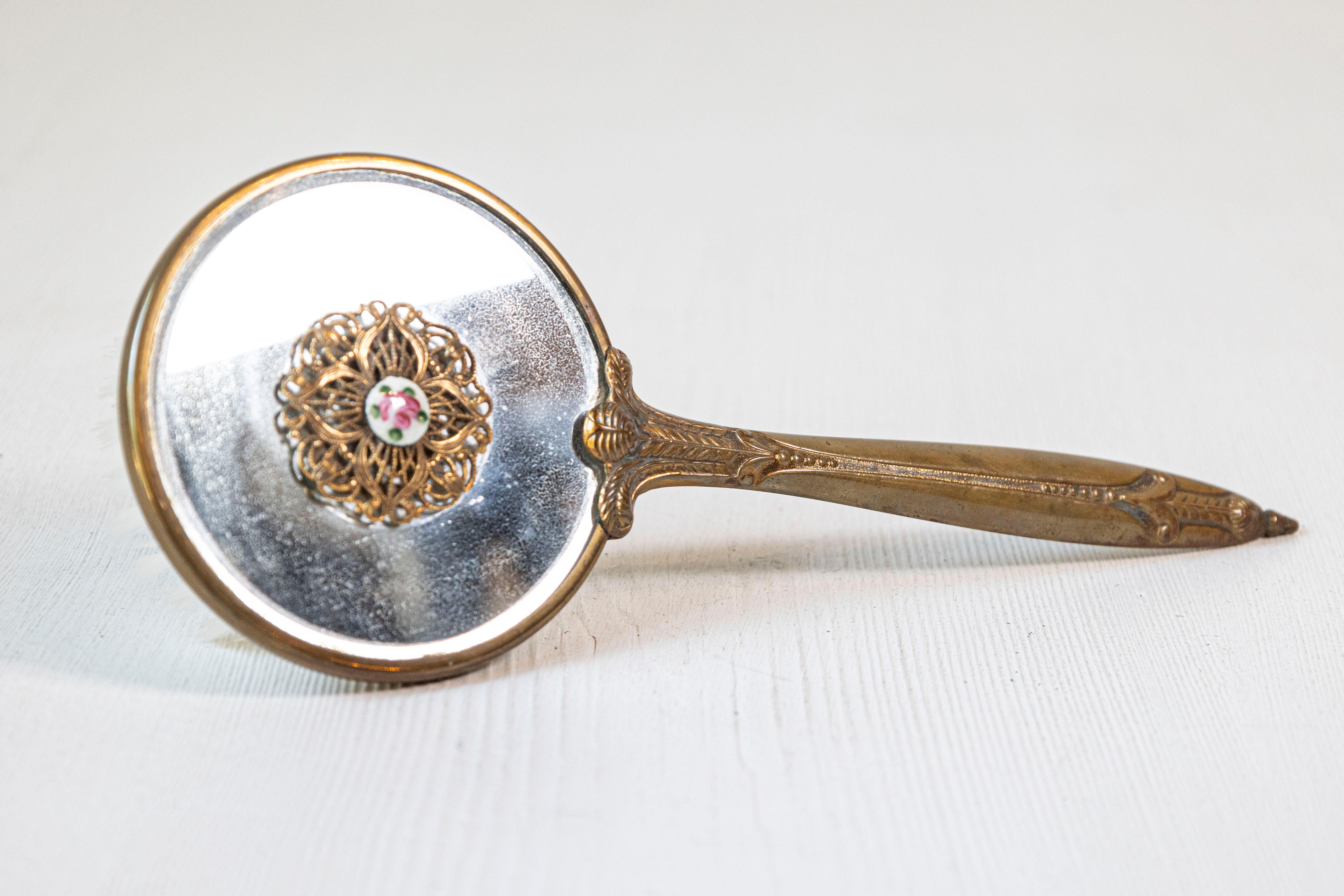 English Mirrored Hair Brush with Brass Finish, Filigree Décor and Medallion For Sale 3