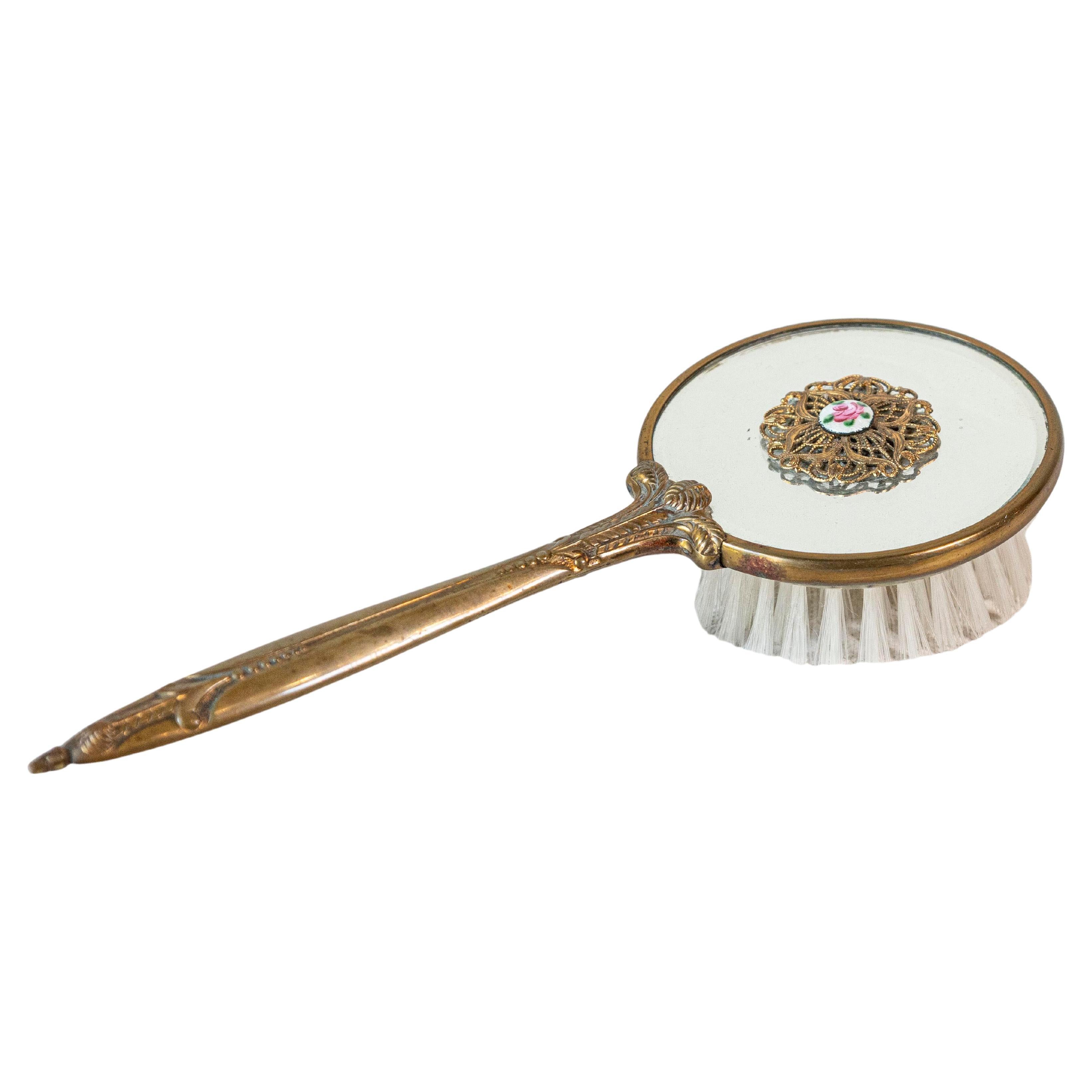 English Mirrored Hair Brush with Brass Finish, Filigree Décor and Medallion