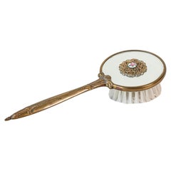 Vintage English Mirrored Hair Brush with Brass Finish, Filigree Décor and Medallion