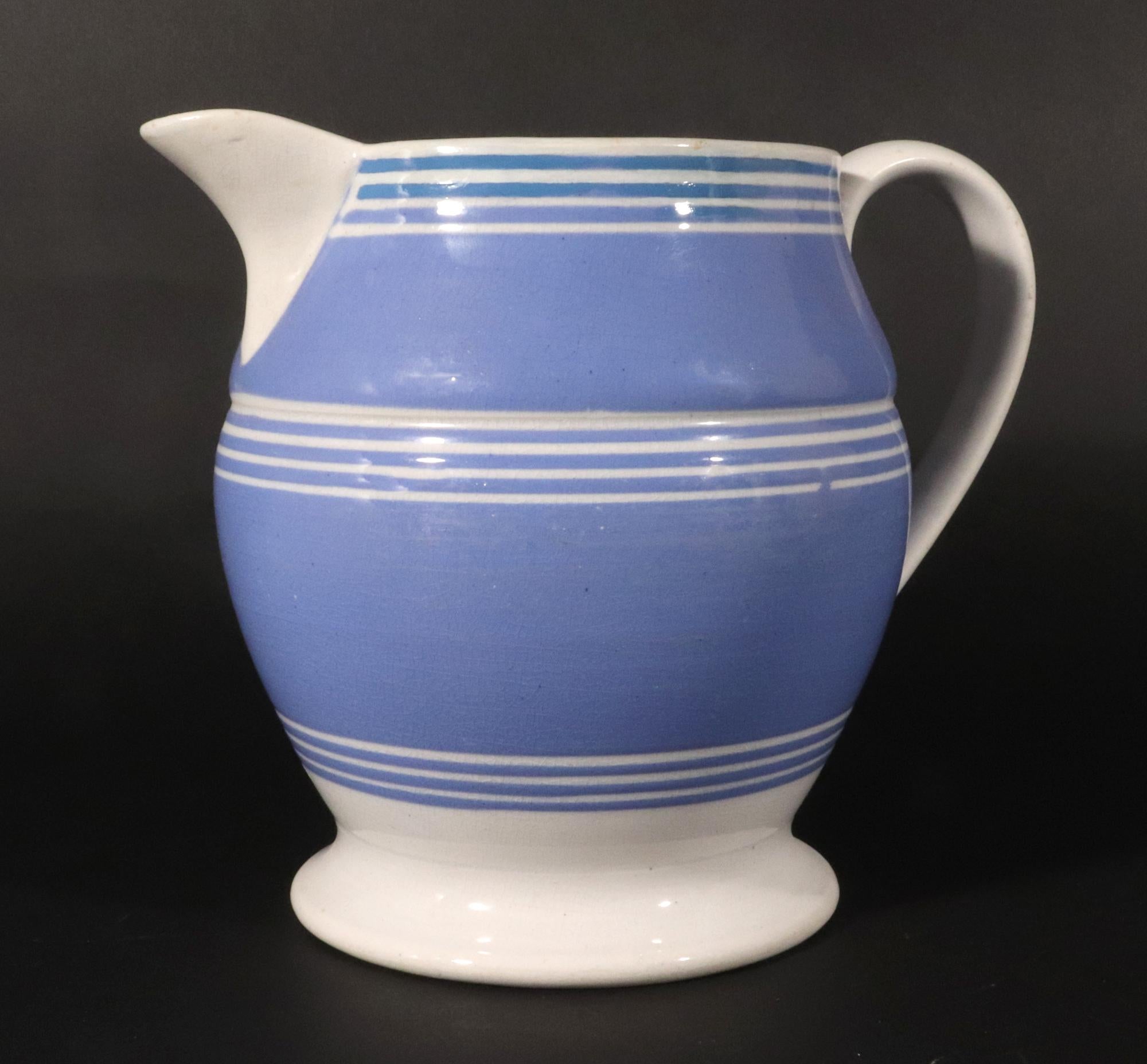 Georgian English Mocha Pottery Blue Slip Jug For Sale