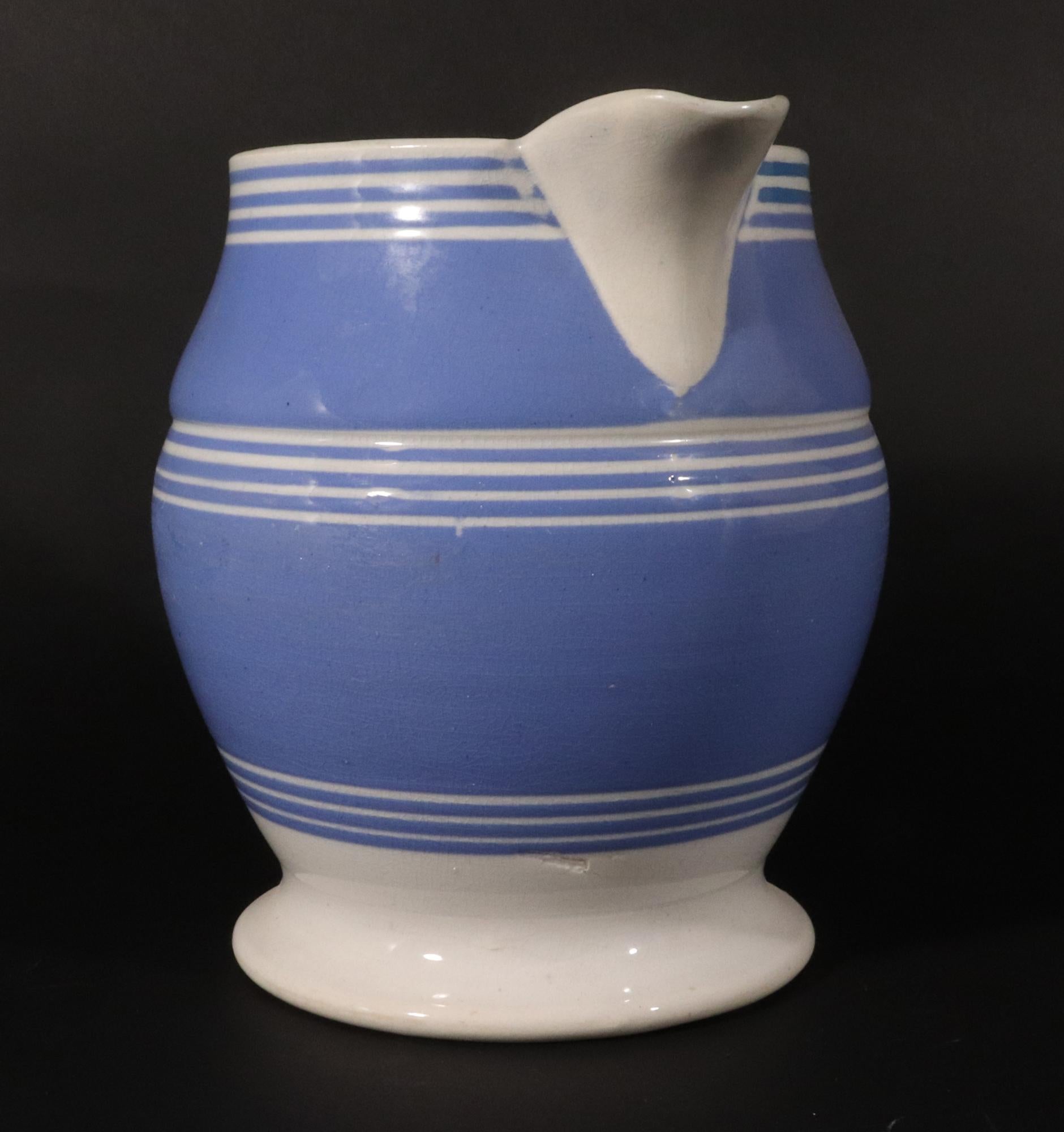 English Mocha Pottery Blue Slip Jug In Good Condition For Sale In Downingtown, PA