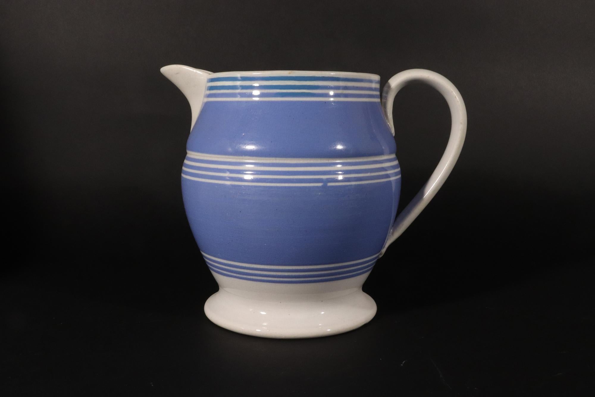 19th Century English Mocha Pottery Blue Slip Jug For Sale