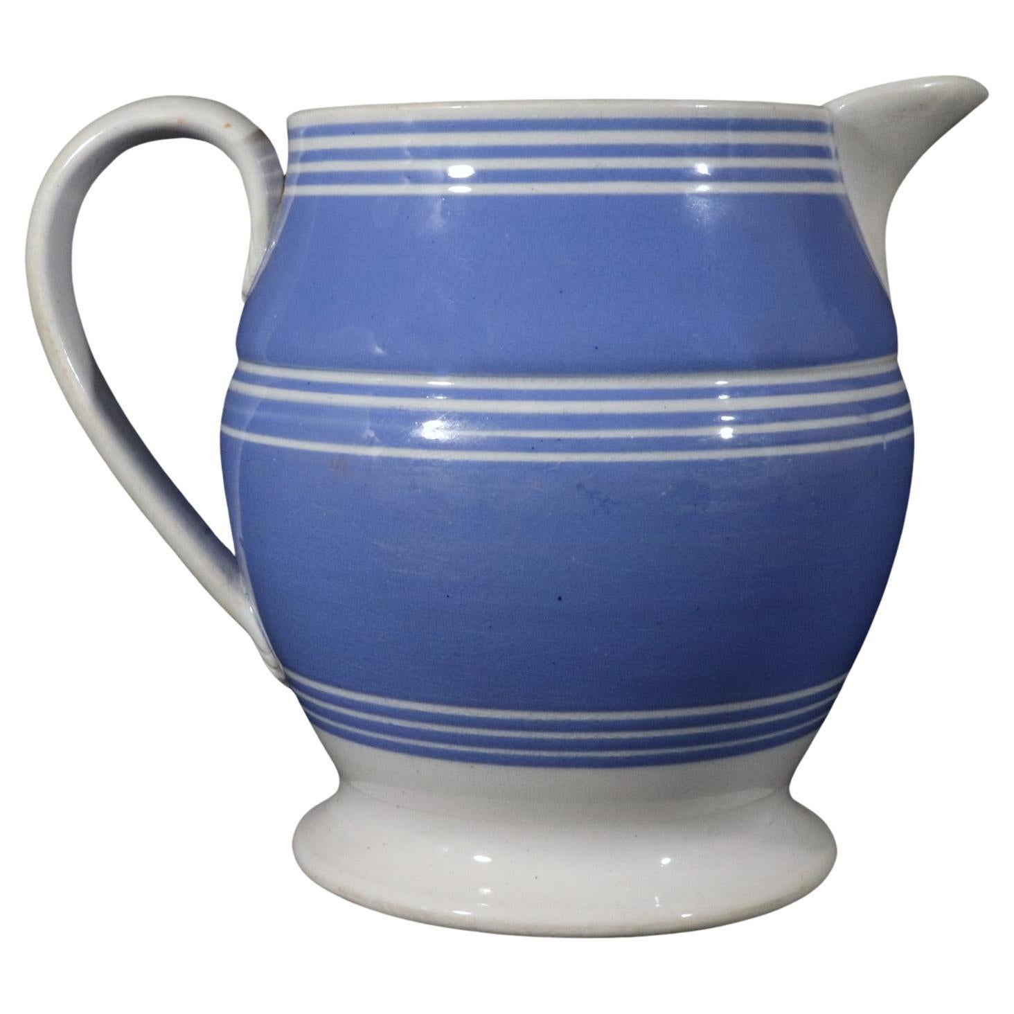 English Mocha Pottery Blue Slip Jug For Sale