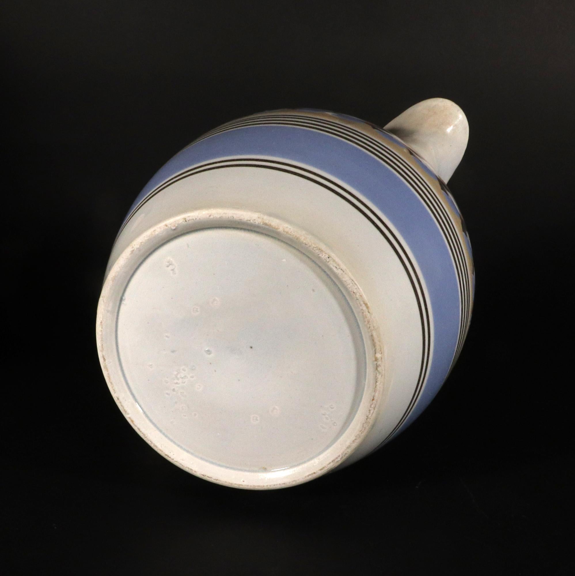 Englischer blau-gelber Slip-Keramik-Slip-Krug mit Katzenaugen-Dekor aus Mocha-Keramik im Angebot 1