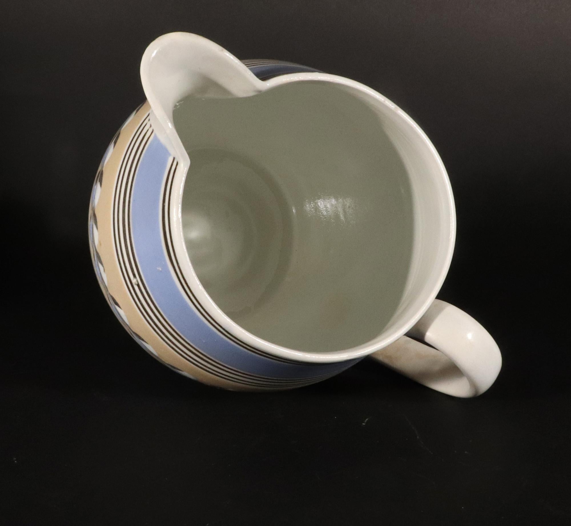 Englischer blau-gelber Slip-Keramik-Slip-Krug mit Katzenaugen-Dekor aus Mocha-Keramik im Angebot 2