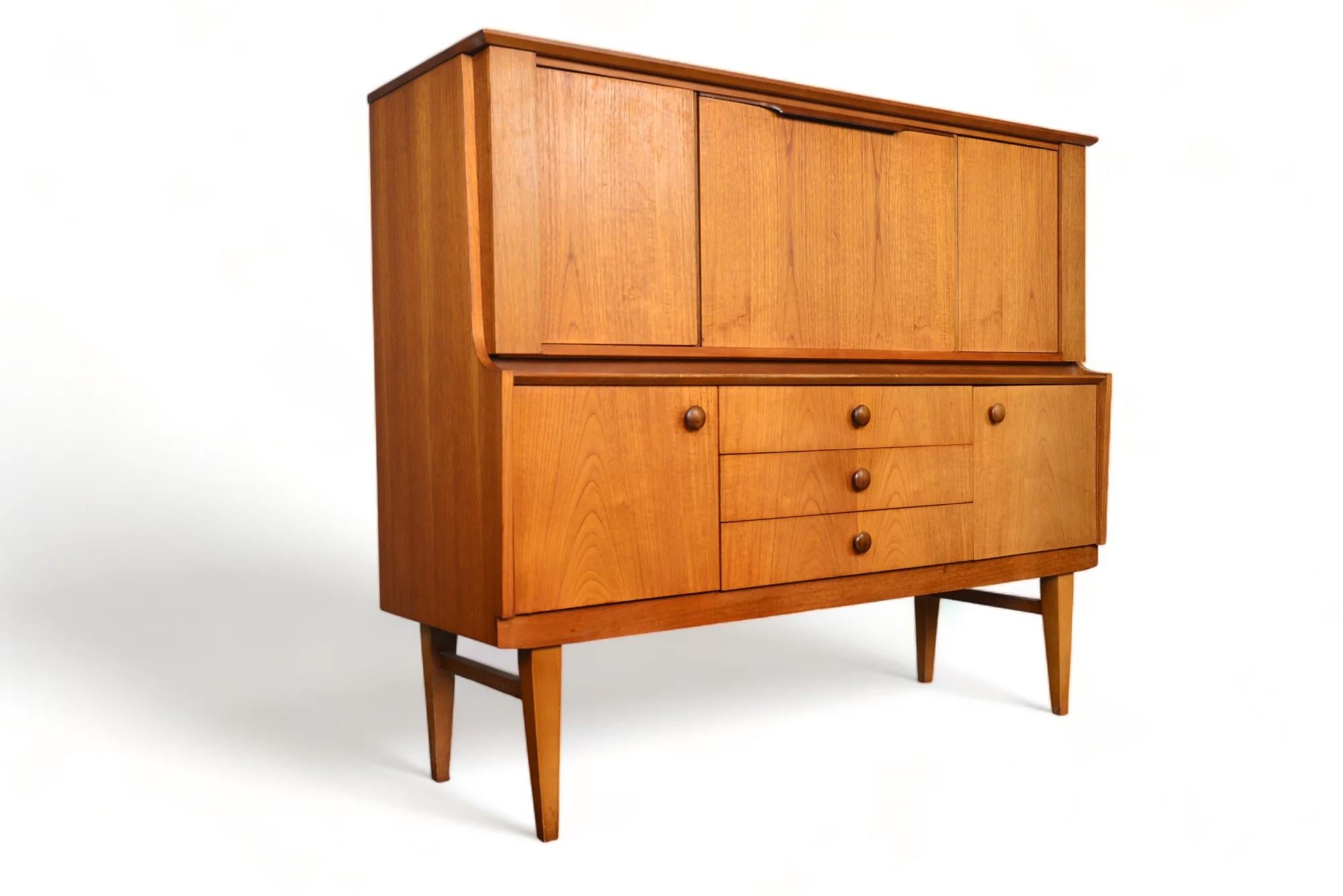 Mahogany English Modern Cocktail Cabinet In Teak With Fold Out Bar