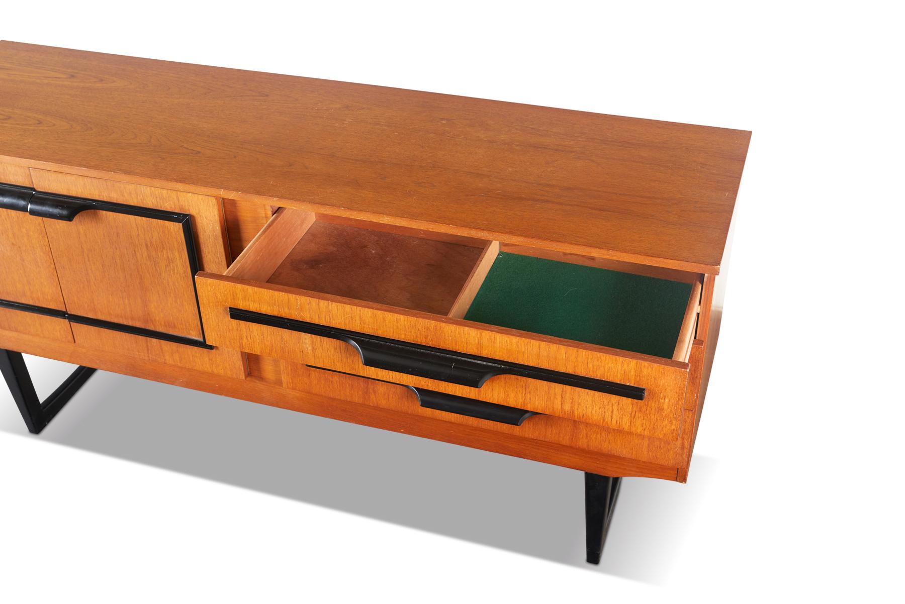 English Modern Midcentury Credenza in Teak with Black Lacquer Accents For Sale 1