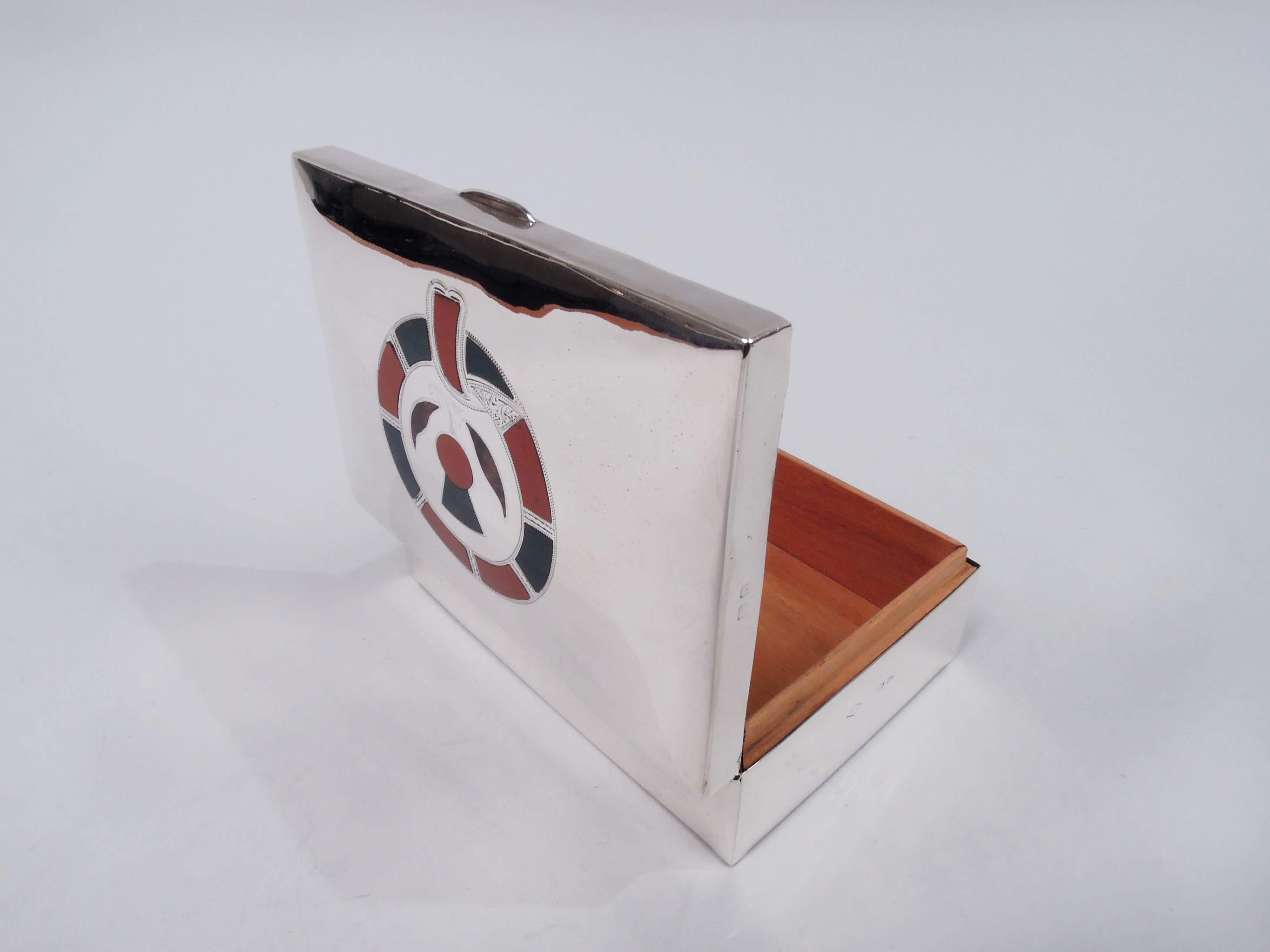 Englische moderne Schachtel aus Sterlingsilber mit schottischem Achatflieder (Intarsie) im Angebot