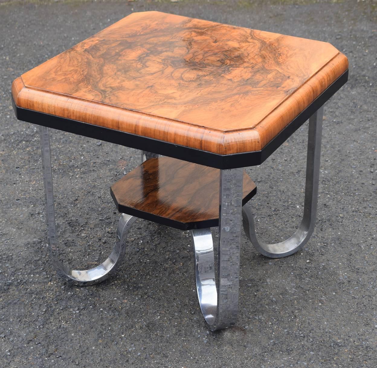 English Modernist Art Deco Occasional Table in Walnut and Chrome In Good Condition In Devon, England