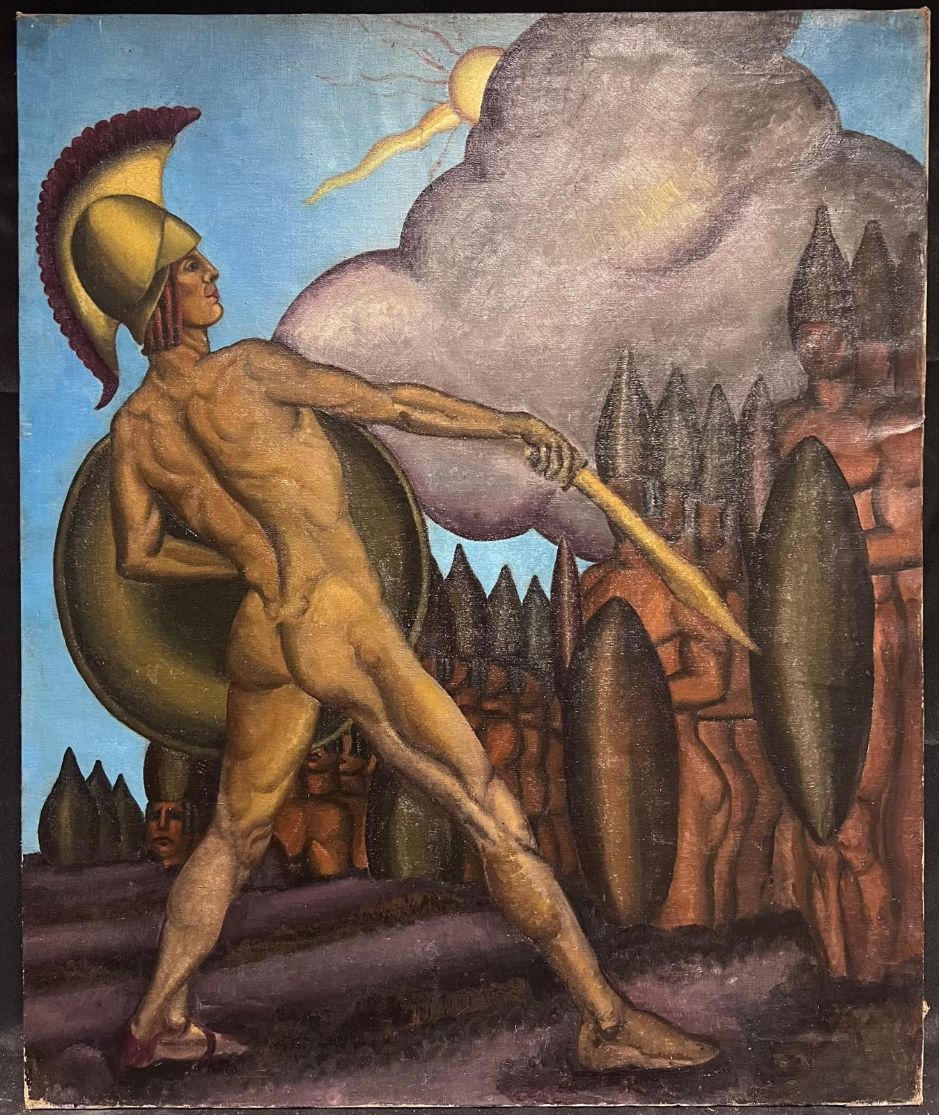 Large 1950s British Art Deco Mythological Male Nude Soldier Jason versus Spartoi - Painting by English Modernist