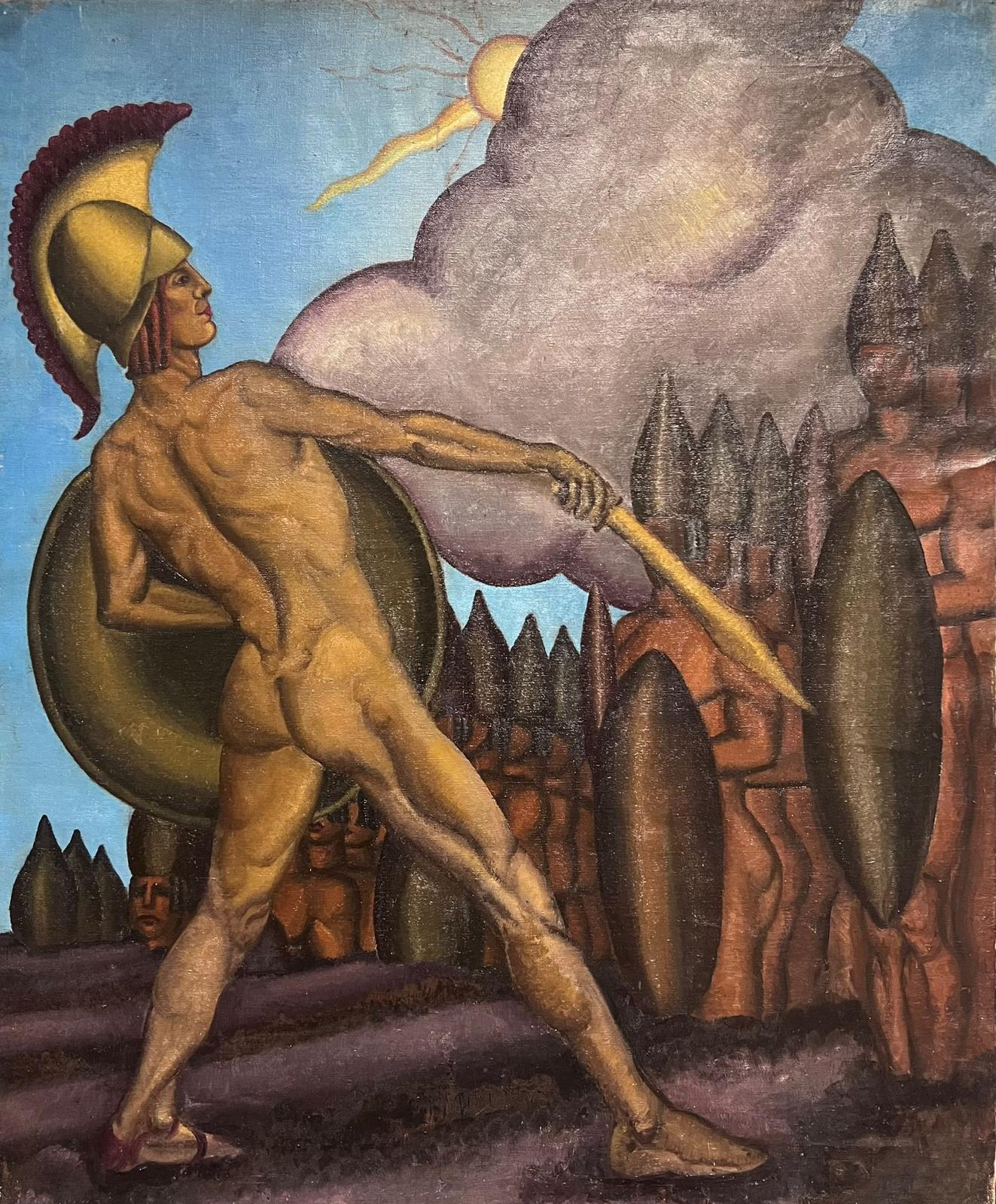 English Modernist Nude Painting - Large 1950s British Art Deco Mythological Male Nude Soldier Jason versus Spartoi