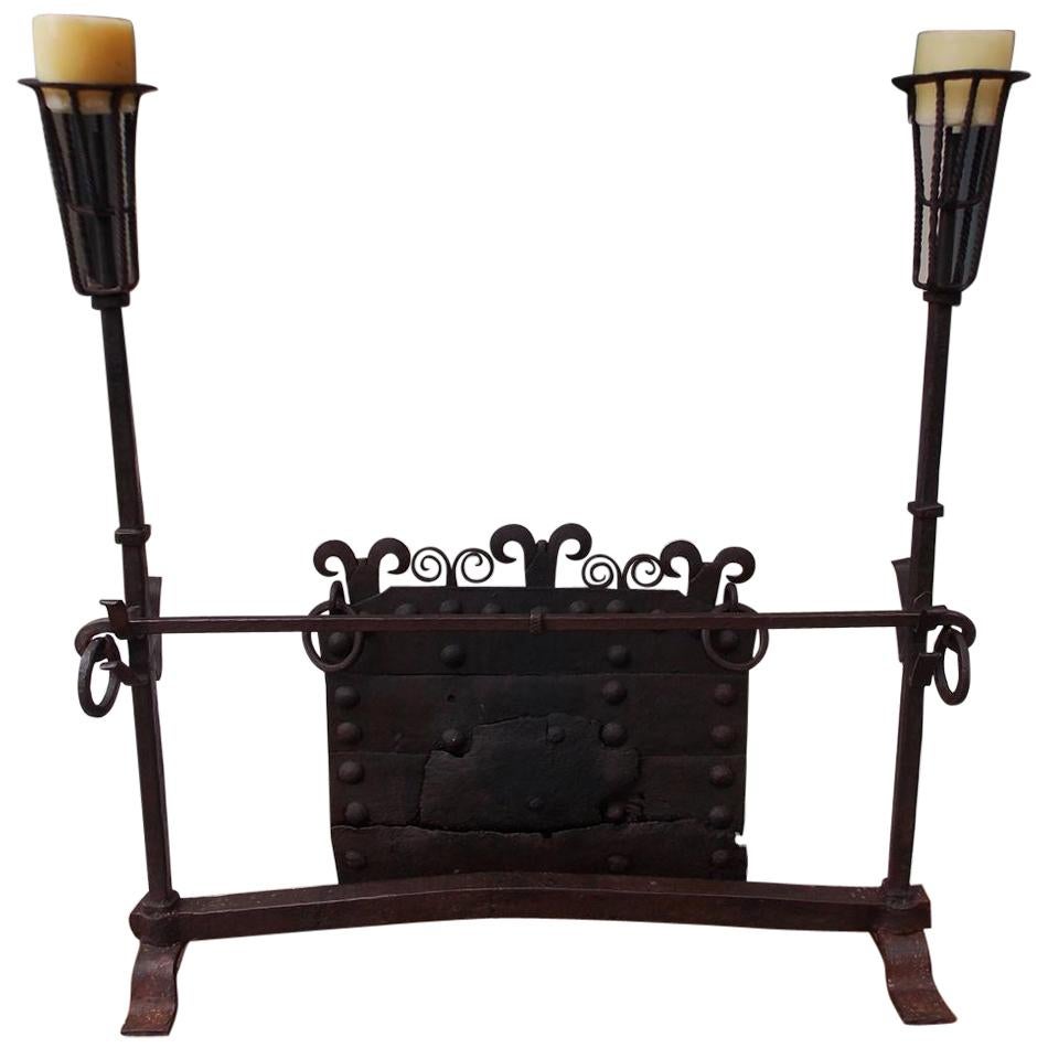 English Monumental Wrought Iron Fire Guard with Decorative Fire Back, Circa 1750 For Sale