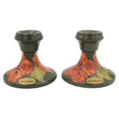 English Moorcroft Pottery Candle Holders in Green Hibiscus Pattern