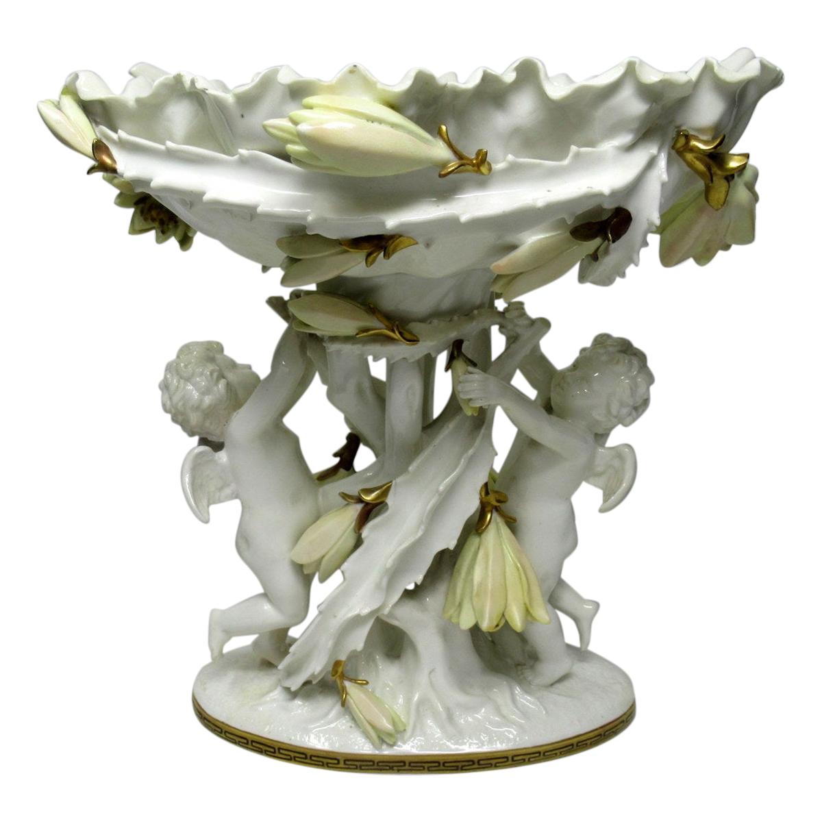 English Moore Brothers Porcelain Cream Gilt Cherub Cacti Centerpiece