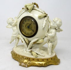 English Moore Brothers Porcelain Cream Gilt Cherub Cacti Mantle Clock Timepiece