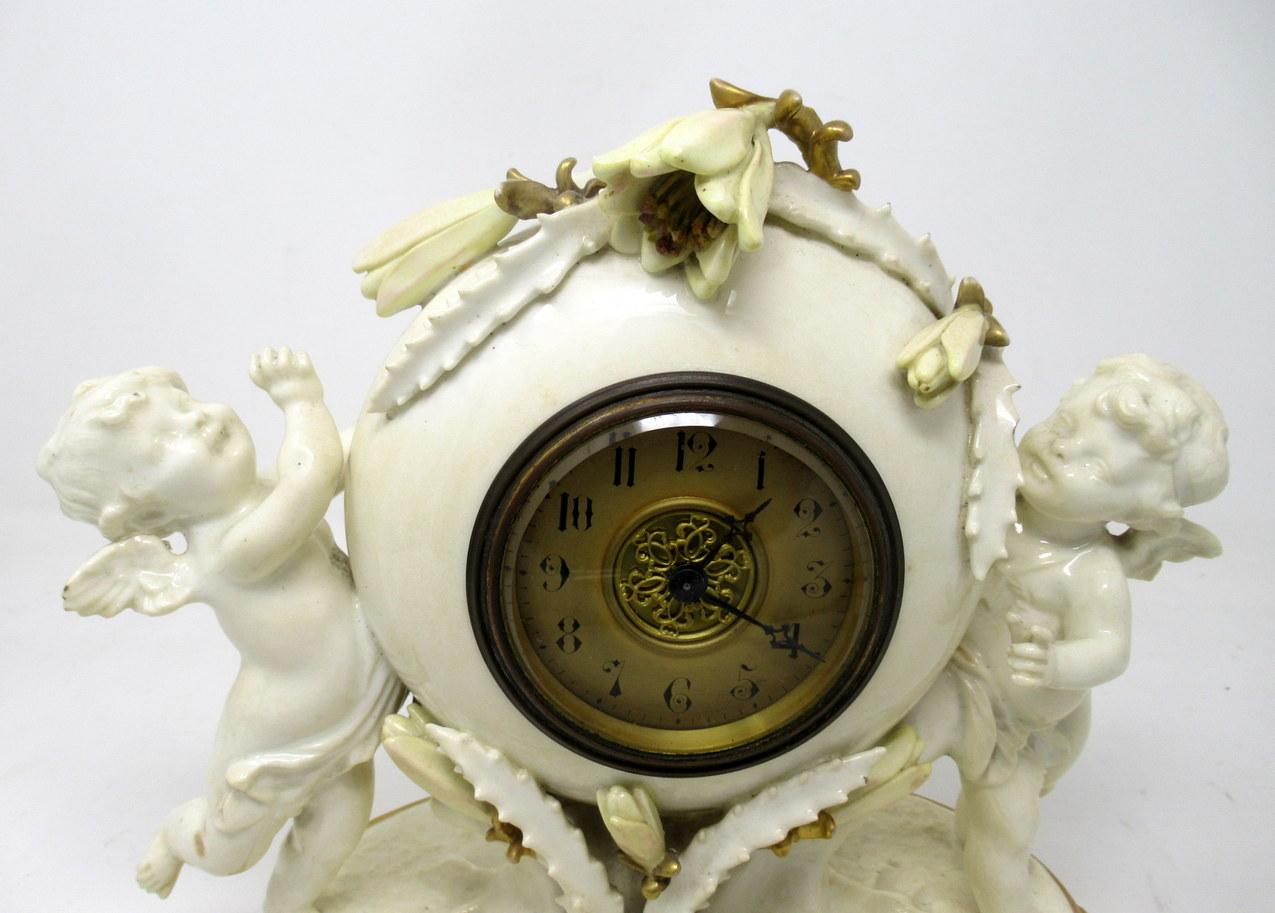 Ceramic English Moore Brothers Porcelain Cream Gilt Cherub Cacti Mantle Clock Timepiece
