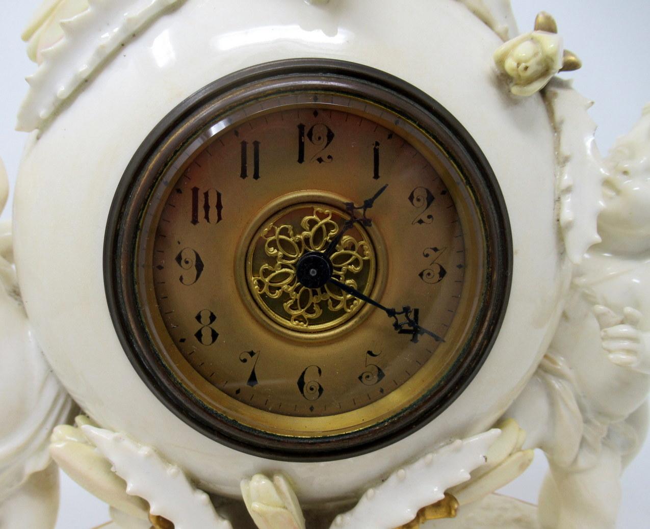 English Moore Brothers Porcelain Cream Gilt Cherub Cacti Mantle Clock Timepiece 1