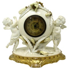 Antique English Moore Brothers Porcelain Cream Gilt Cherub Cacti Mantle Clock Timepiece