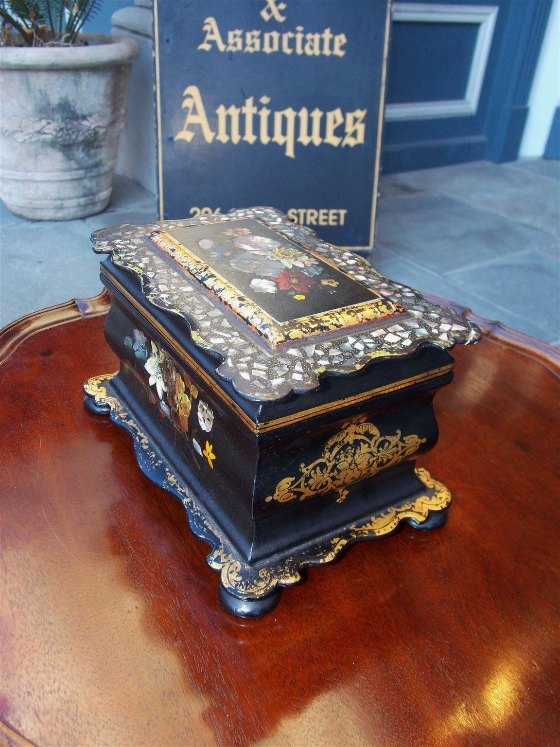 Blackened English Mother of Pearl and Papier Mâché Tea Caddy with Lidded Interior, C. 1810