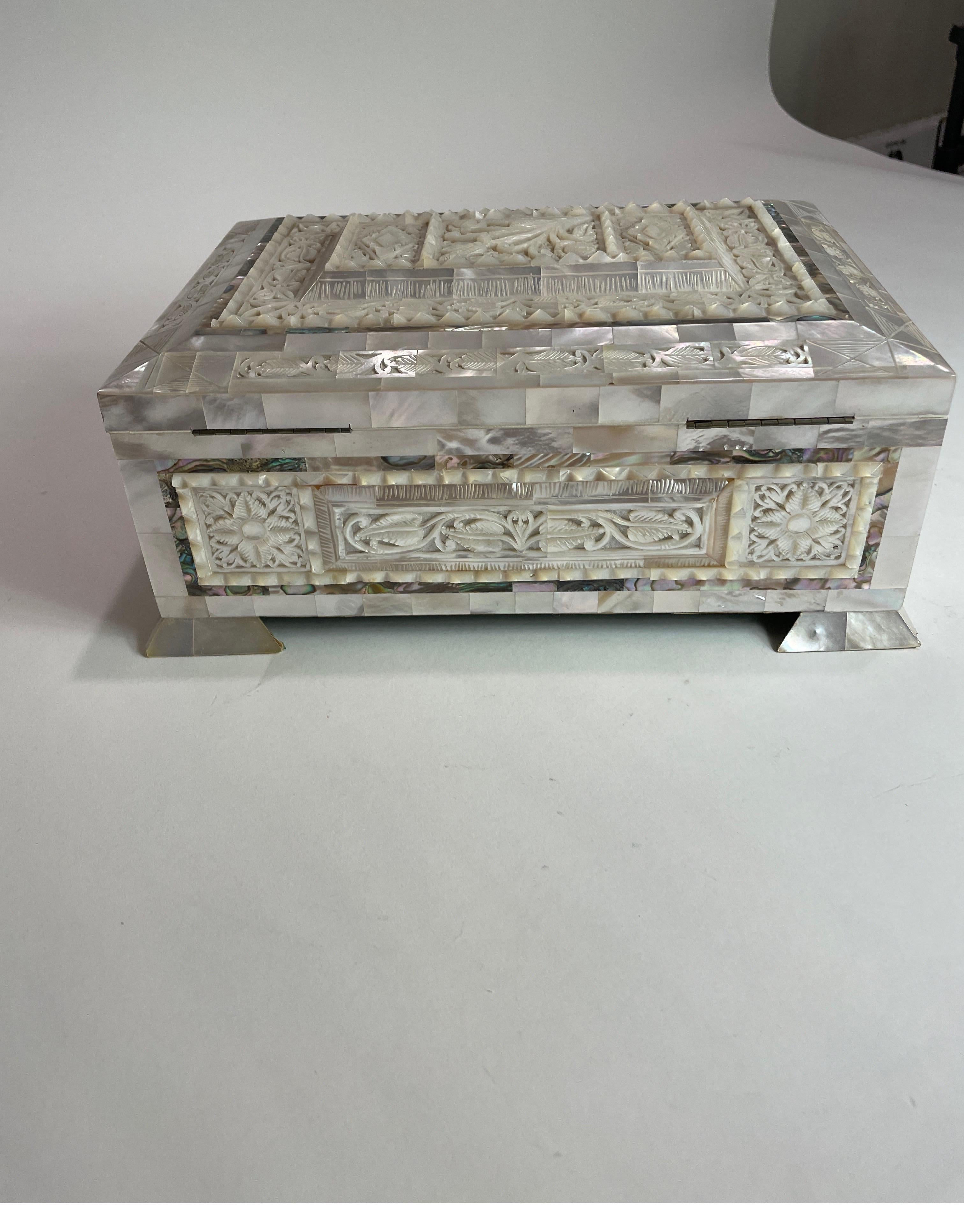 20th Century English Mother of Pearl carved casket box with abalone inlay For Sale