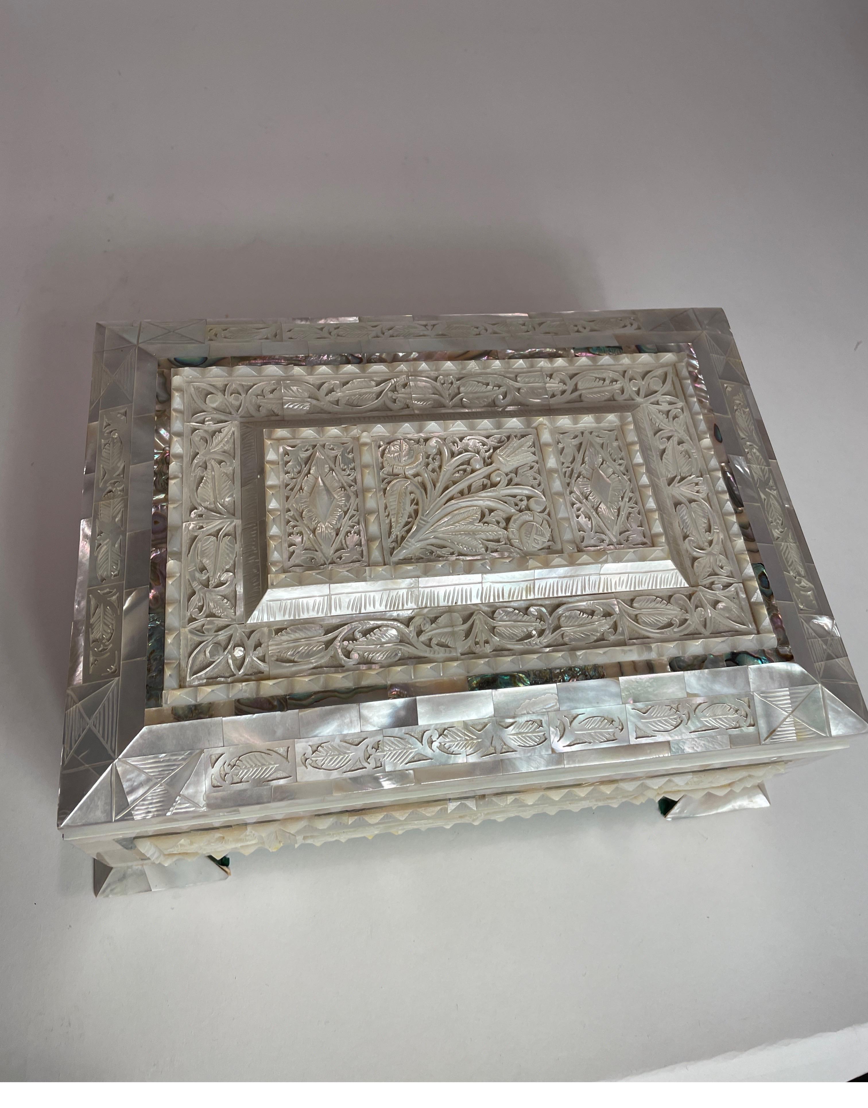 20th Century English Mother of Pearl carved casket box with abalone inlay For Sale