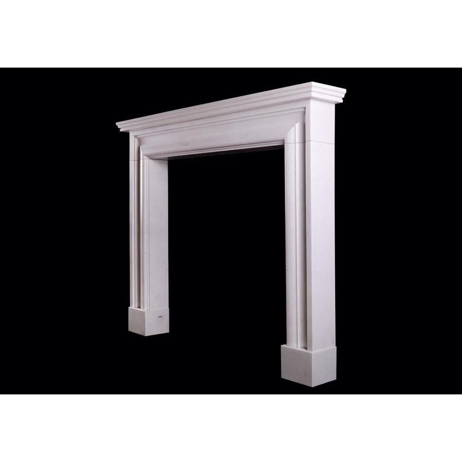 Queen Anne English Moulded Bolection Fireplace in White Marble For Sale