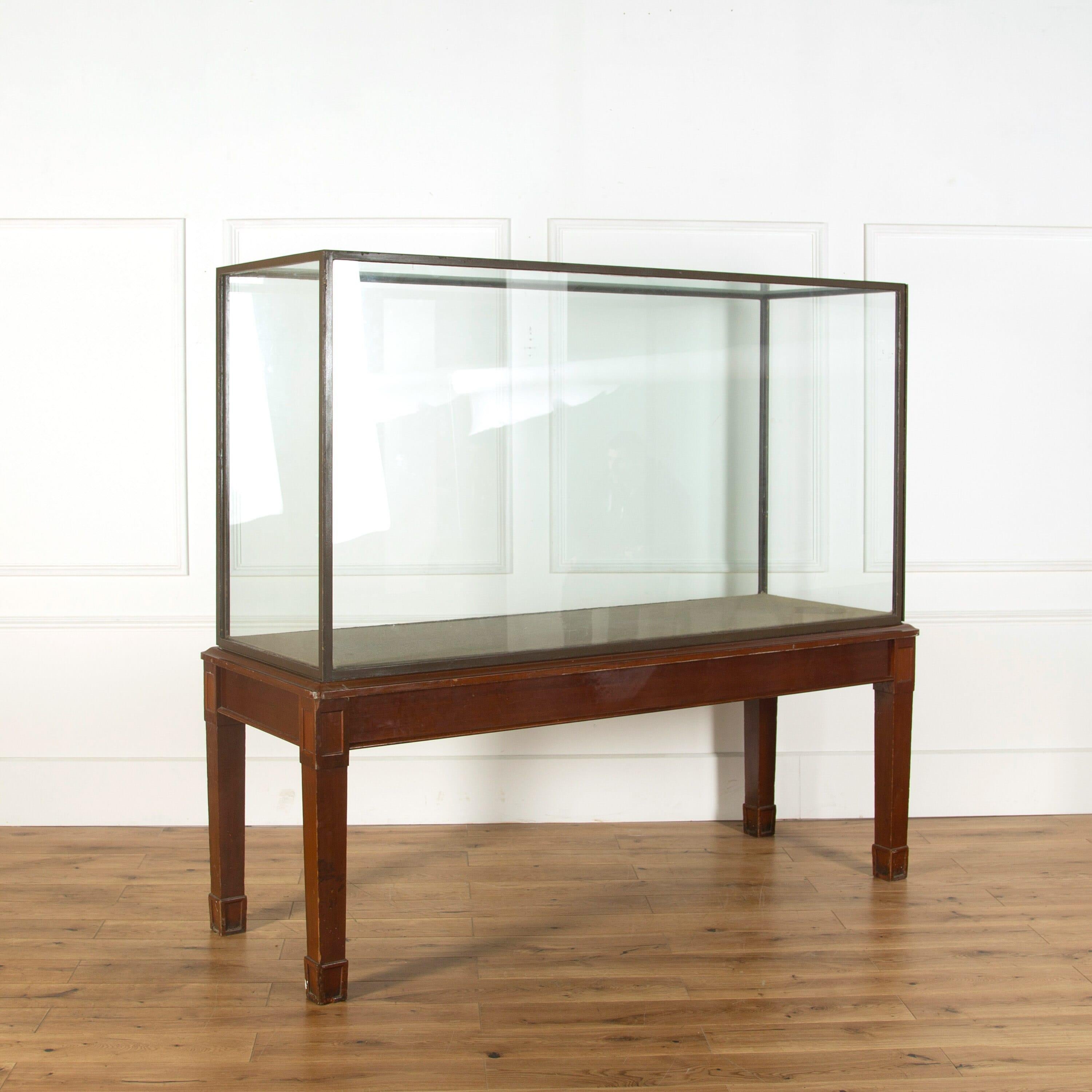 English museum display cabinet on a mahogany stand of grand scale, entry via a door at each end, the cabinet frame is painted brass that could be stripped and polished, very good sturdy strong original condition, a tiny nick to the glass on one of