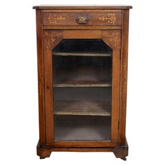 English Music Cabinet Glazed Inlaid Walnut Bookcase Victorian, 19th Century