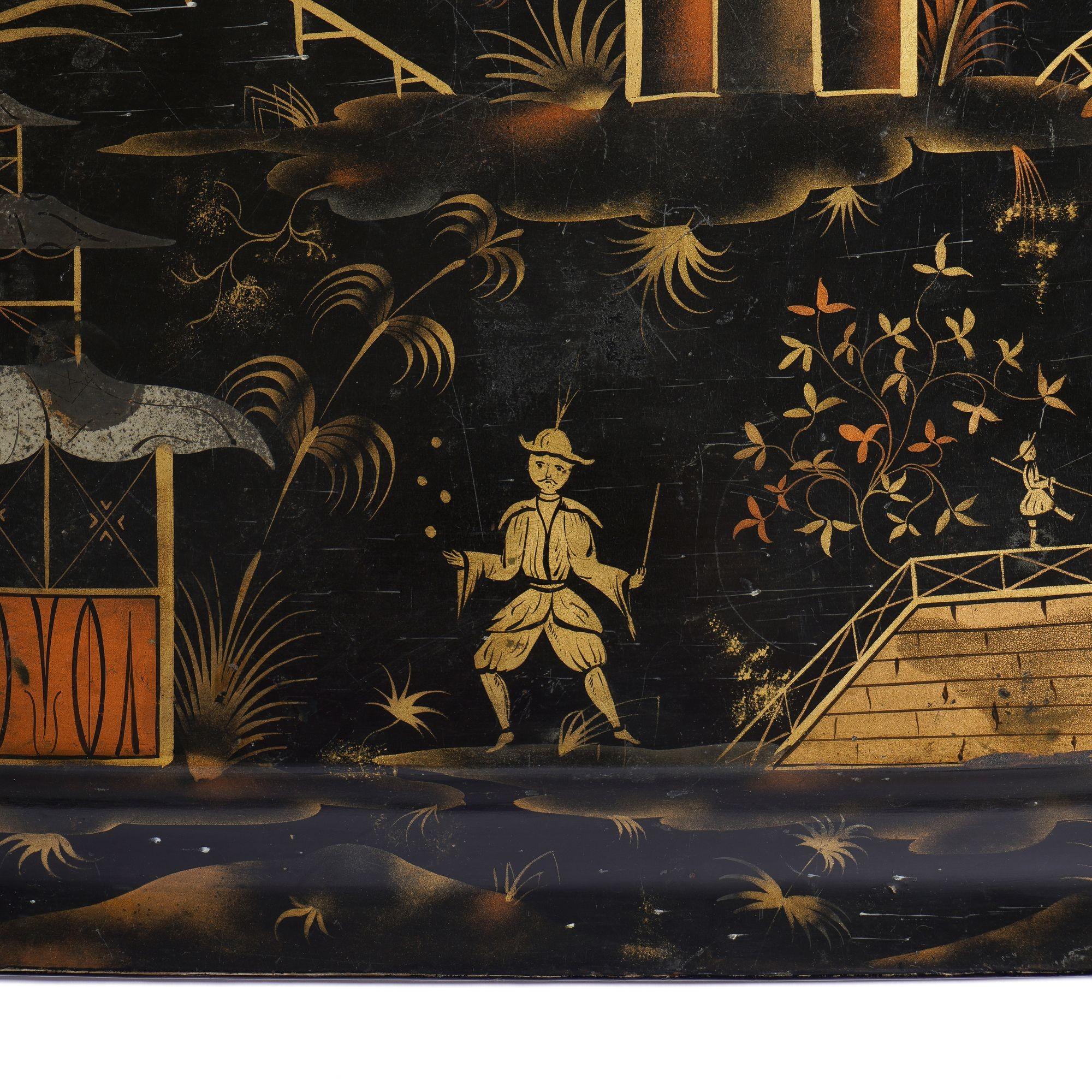 Plateau à tole à bord roulé en chinoiserie naïve anglaise, 1830 Bon état - En vente à Kenilworth, IL