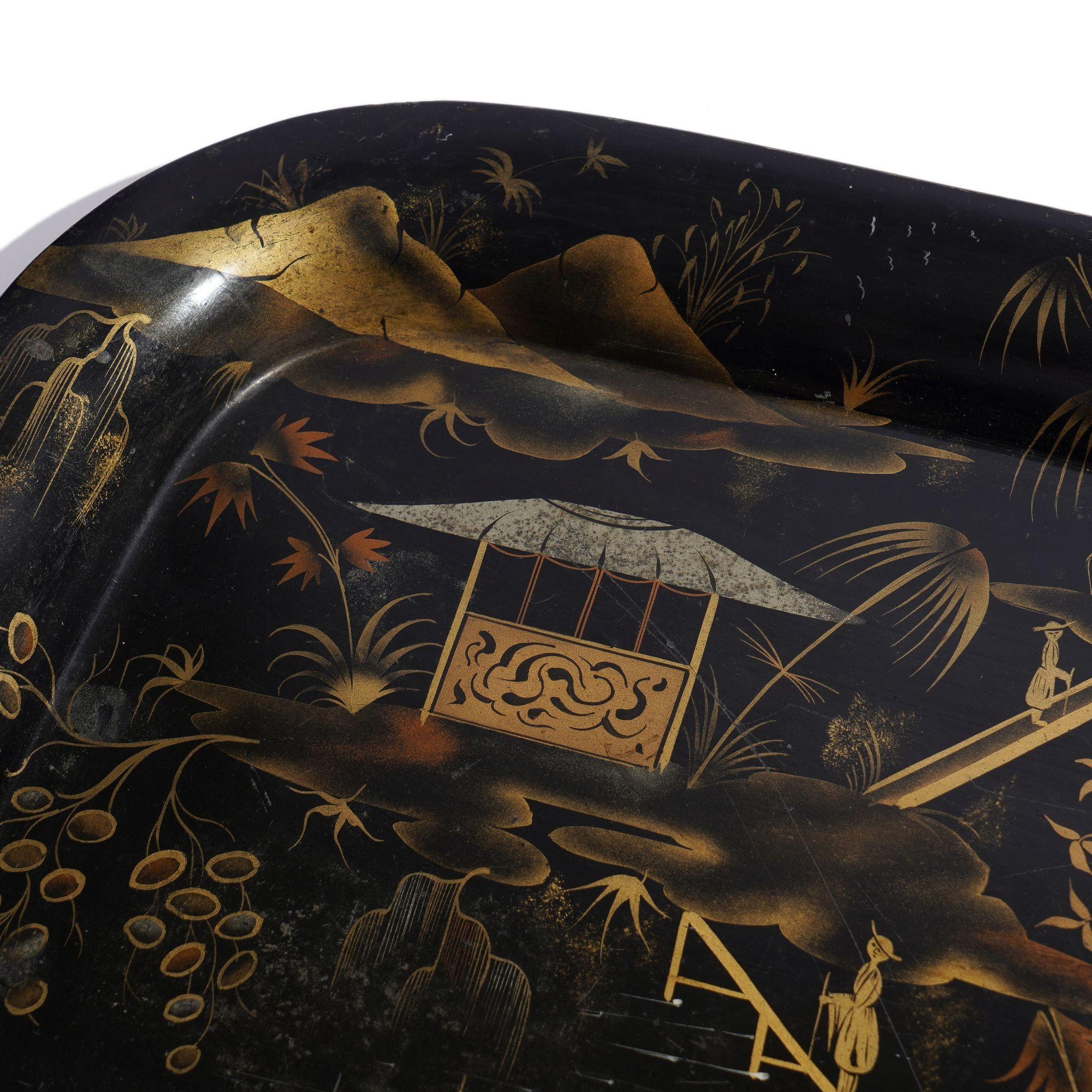 Plateau à tole à bord roulé en chinoiserie naïve anglaise, 1830 en vente 3