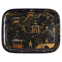 English naive chinoiserie rolled rim tole tray, 1830