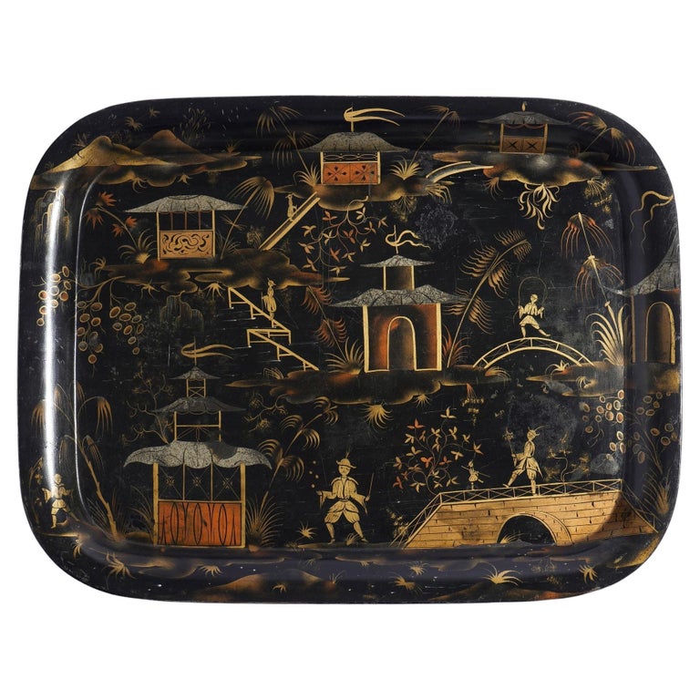 English Chinoiserie Black Lacquer Papiermache Plate - Late 18thC English Chinoiserie Black Lacquer Papiermache Plate - Late 18thC