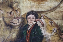 English Naïve School Oil on Panel of an Imprisoned Man with Wildcats