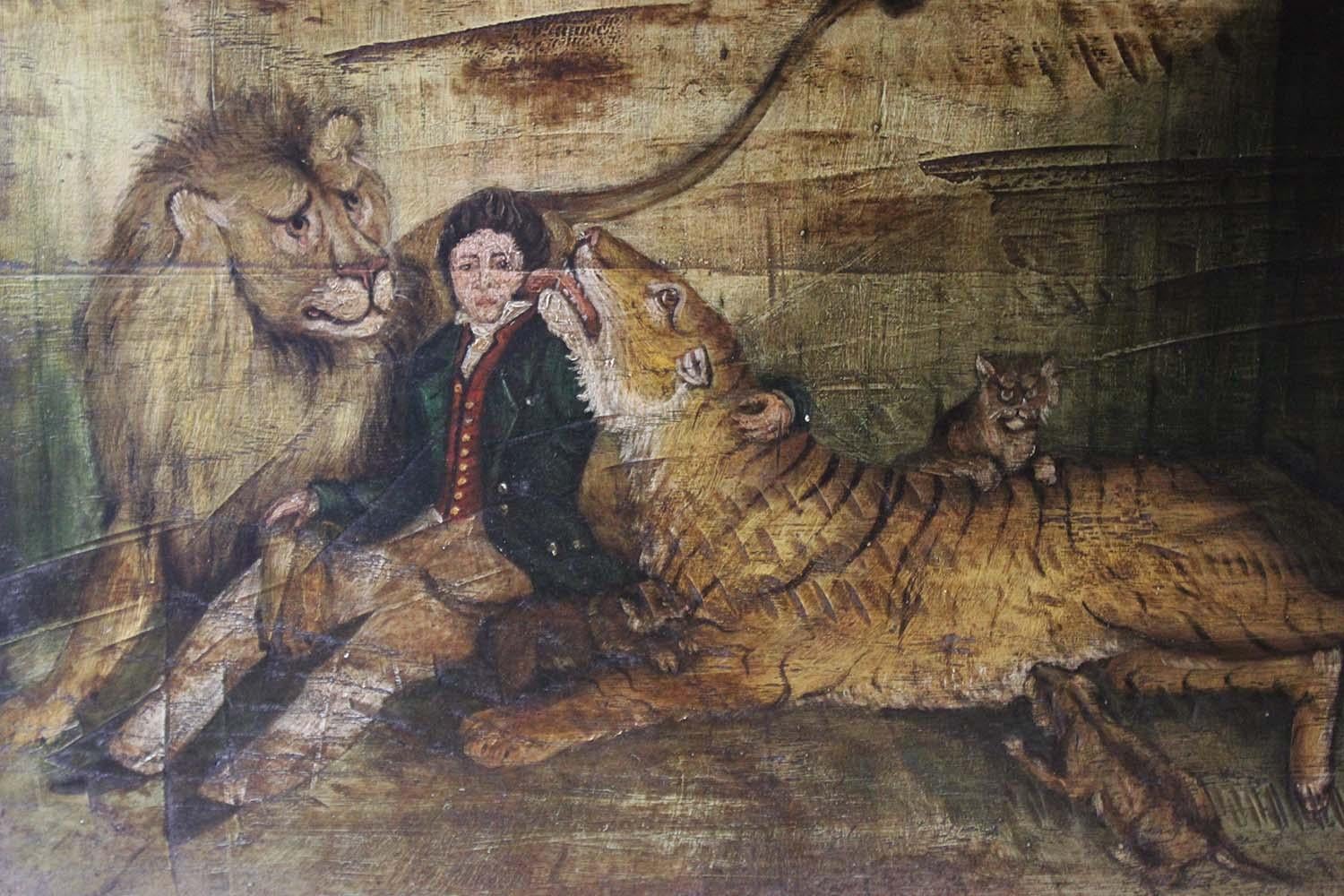 English Naïve School Oil on Panel of an Imprisoned Man with Wildcats In Good Condition In Bedford, Bedfordshire