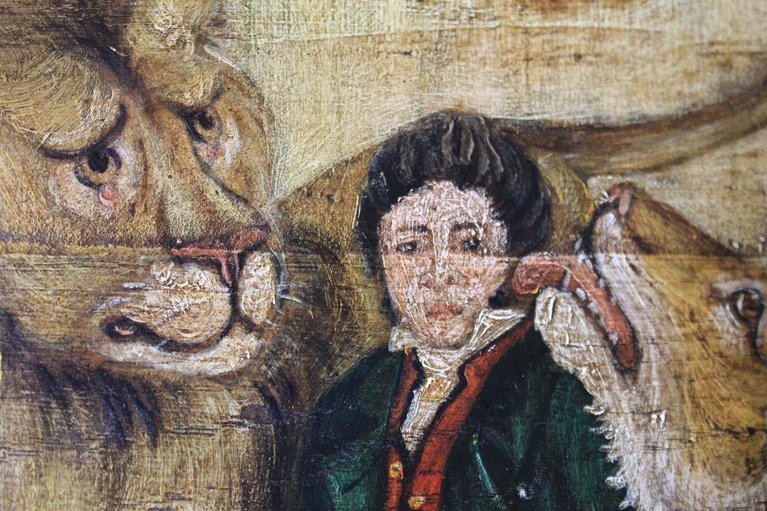 Oak English Naïve School Oil on Panel of an Imprisoned Man with Wildcats