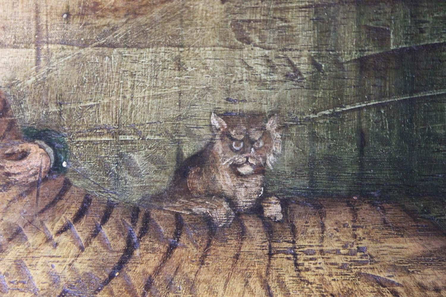 English Naïve School Oil on Panel of an Imprisoned Man with Wildcats 1
