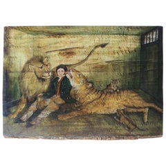 English Naïve School Oil on Panel of an Imprisoned Man with Wildcats