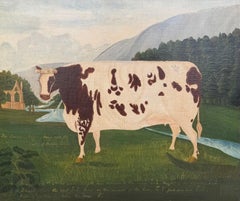 Large Victorian Oil Naïve Portrait of Craven Heifer Cow Bolton Abbey Landscape