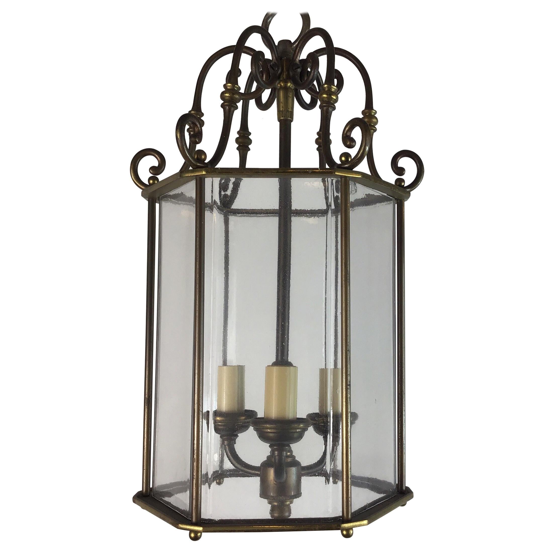 Antique Bronze English Hexaginal  Glass Lantern Circa 1940's