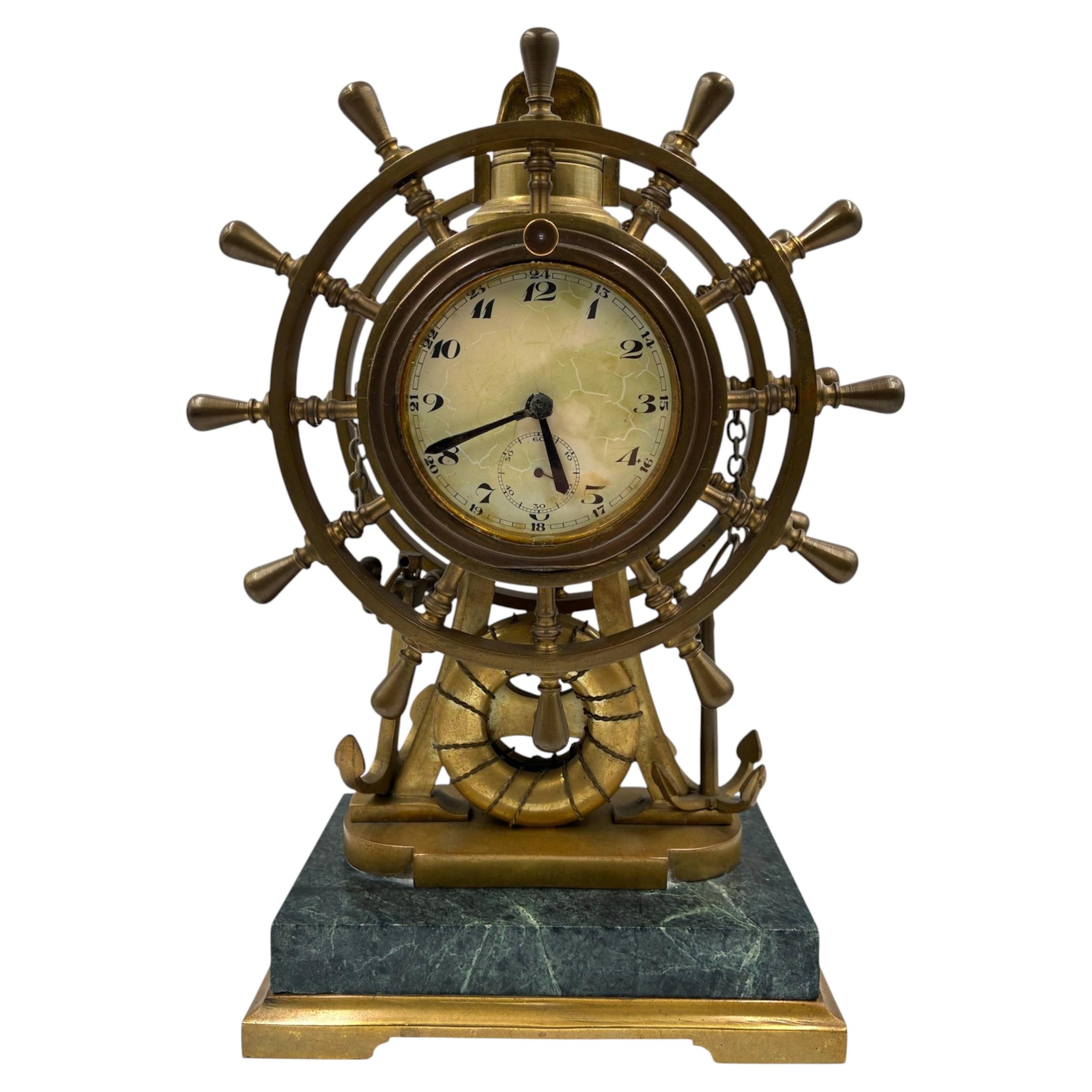 English Nautical Mantel Clock with Barometer and Compass Eight-Day