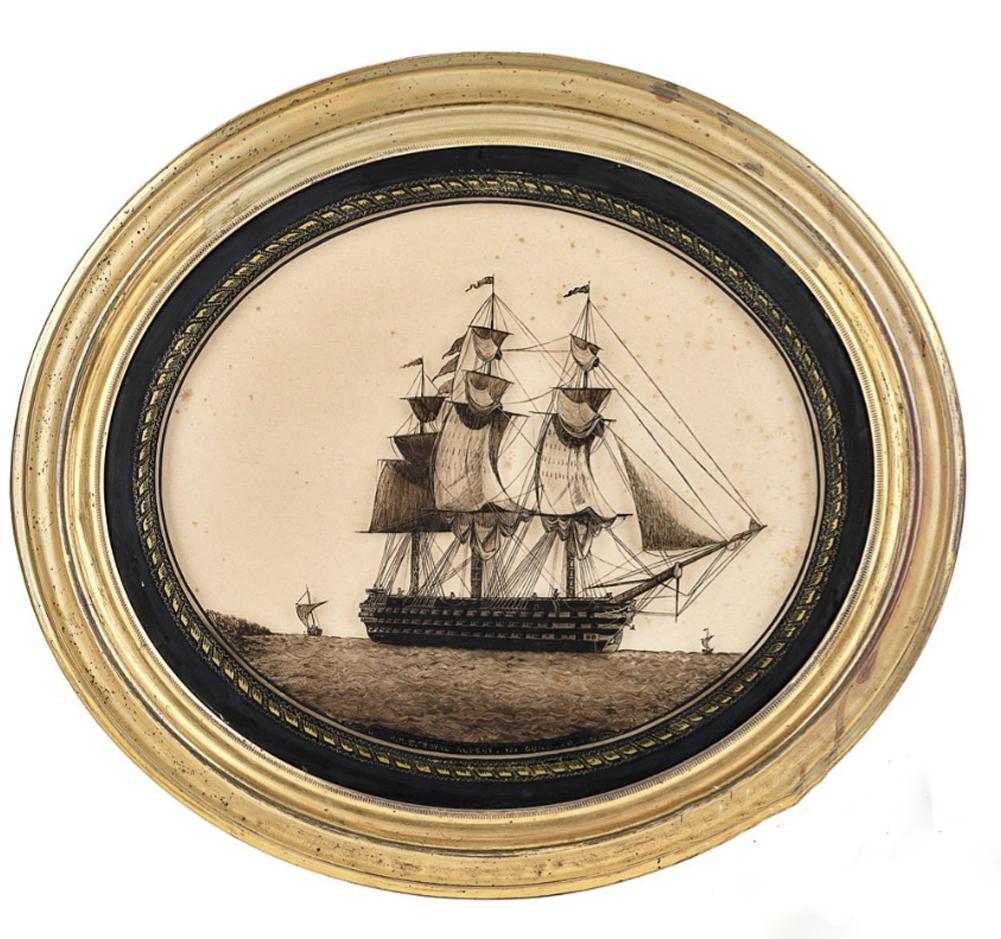 English Framed Nautical Silhouettes on Glass,
HMS Victory and The Hogue and HMS Royal Albert,
A Pair,
Early Victorian.

The large and attractive nautical reverse paintings on glass are unusually in an oval glitwood frame.  One picture is named on